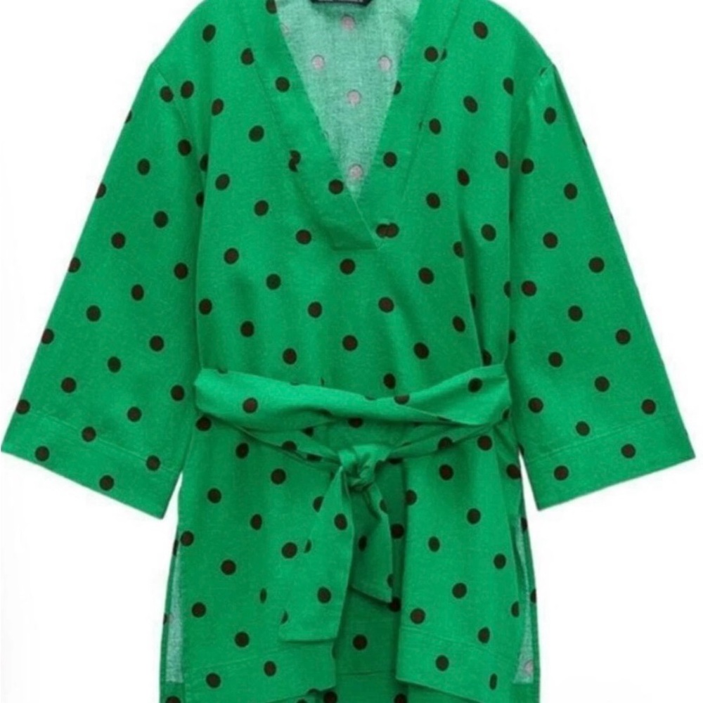 Zara Green Polka Dot Kimono Linen Top (NWT) (Size: XS)